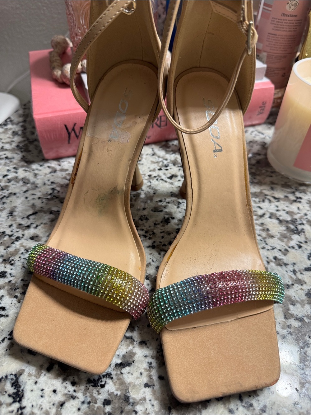 Soda Multicolor Crystal-Strap Nude Ankle-Heels